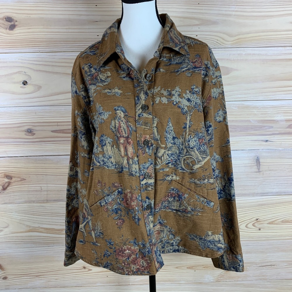 Monterey Bay Linen Shacket Womens XL Brown Toile Scenic Cotton Vintage Jacket